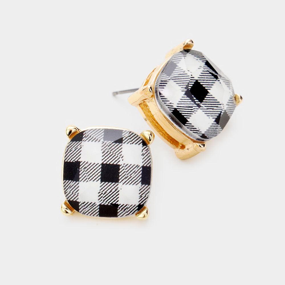 White Buffalo Check Square Stone Stud Earrings