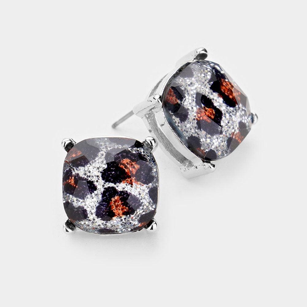 Leopard Glitter Square Stone Stud Earrings - Jewelry Store by Erik Rayo
