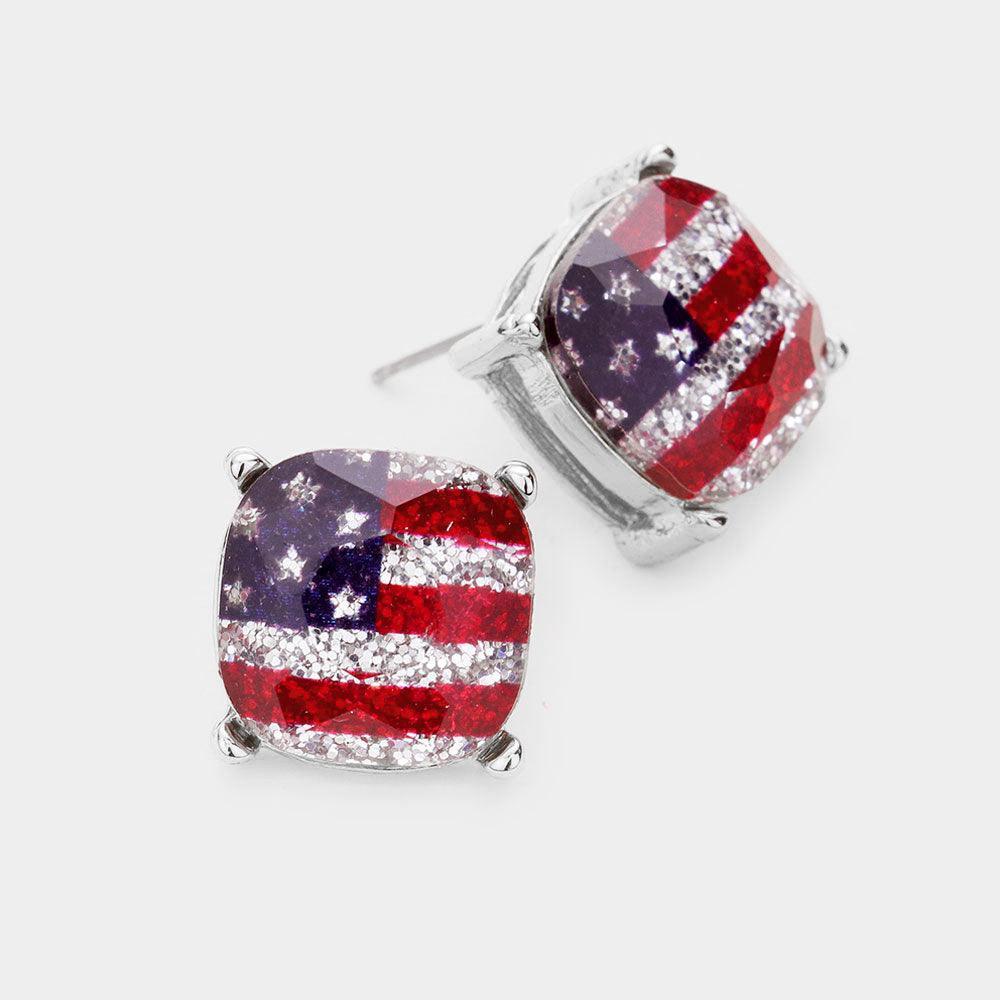 American USA Flag Glitter Square Stone Stud Earrings - Jewelry Store by Erik Rayo
