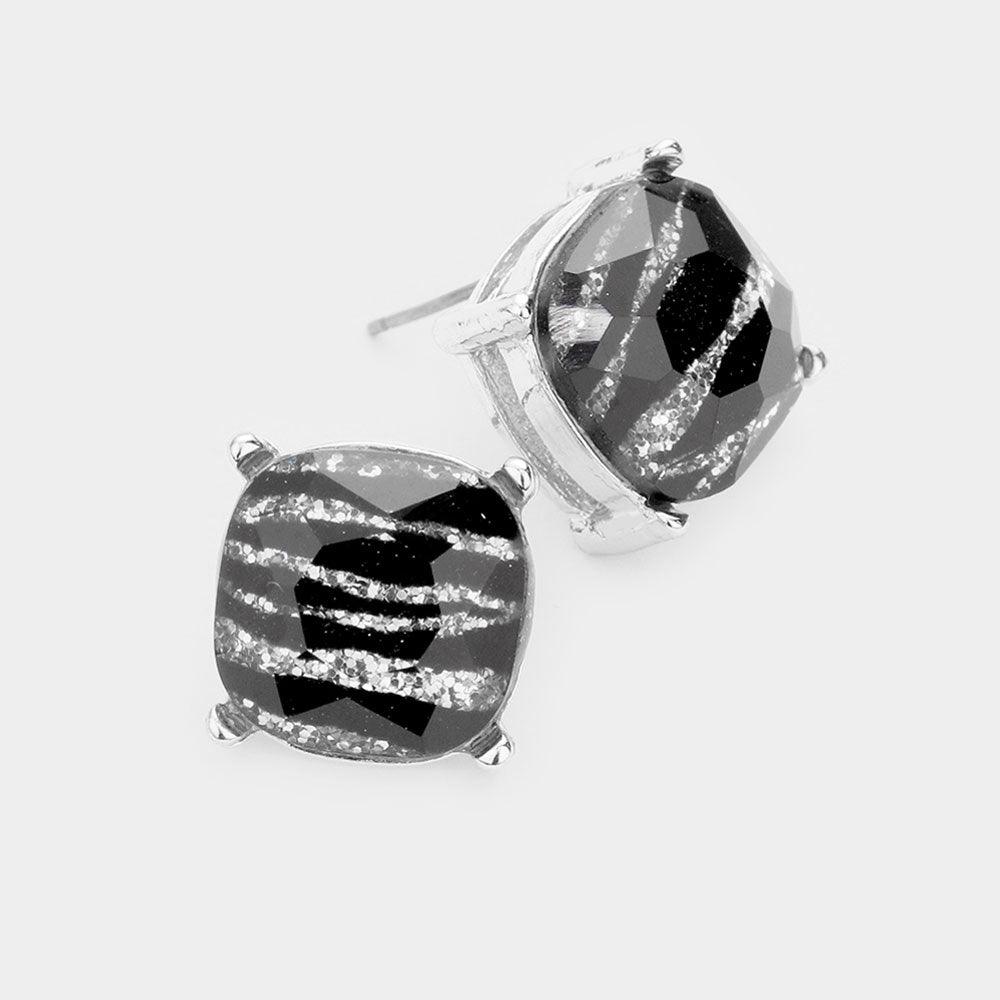 Zebra Glitter Square Stone Stud Earrings