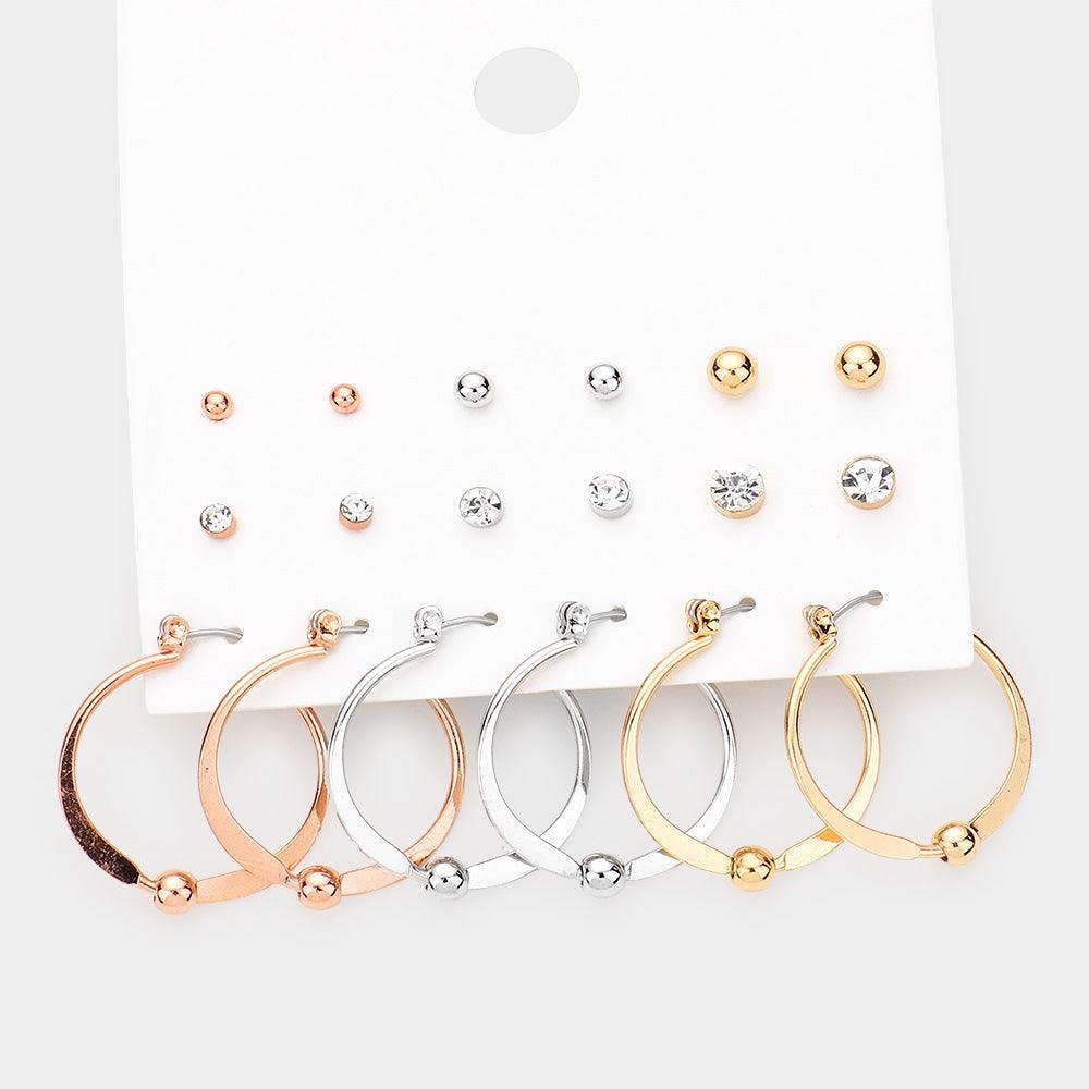 Three Tone 9Pairs - Round Stone Metal Ball Accented Hoop Pin Catch Earrings