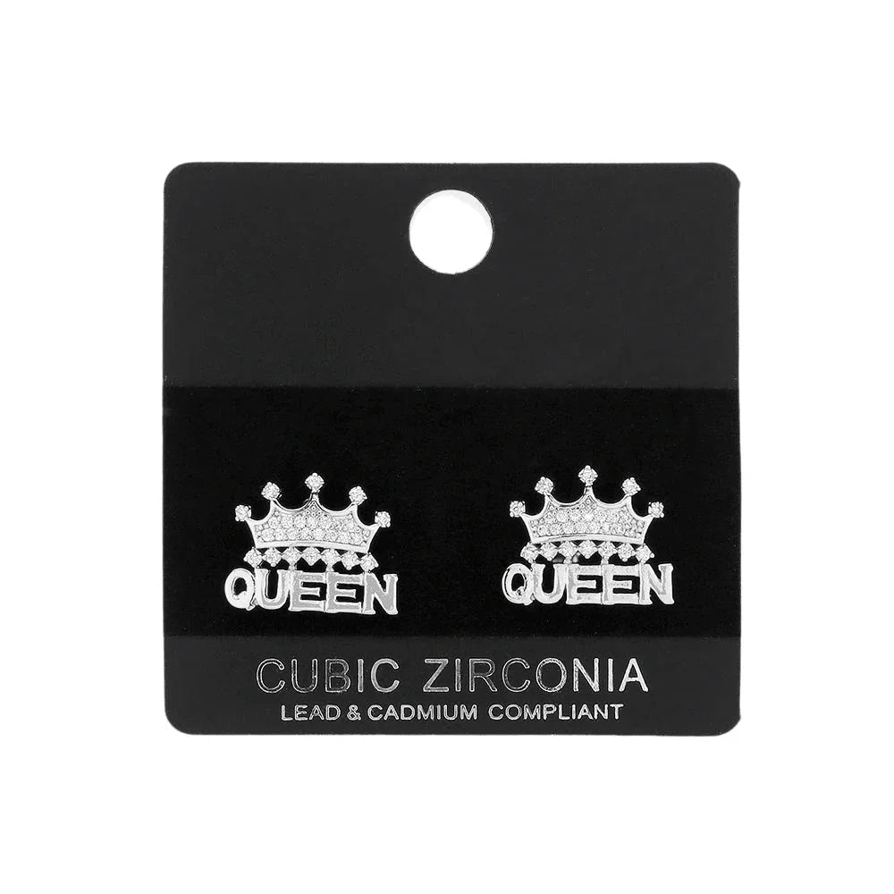 Silver CZ Queen Crown Message Crown Stud Evening Earrings - Jewelry Store by Erik Rayo