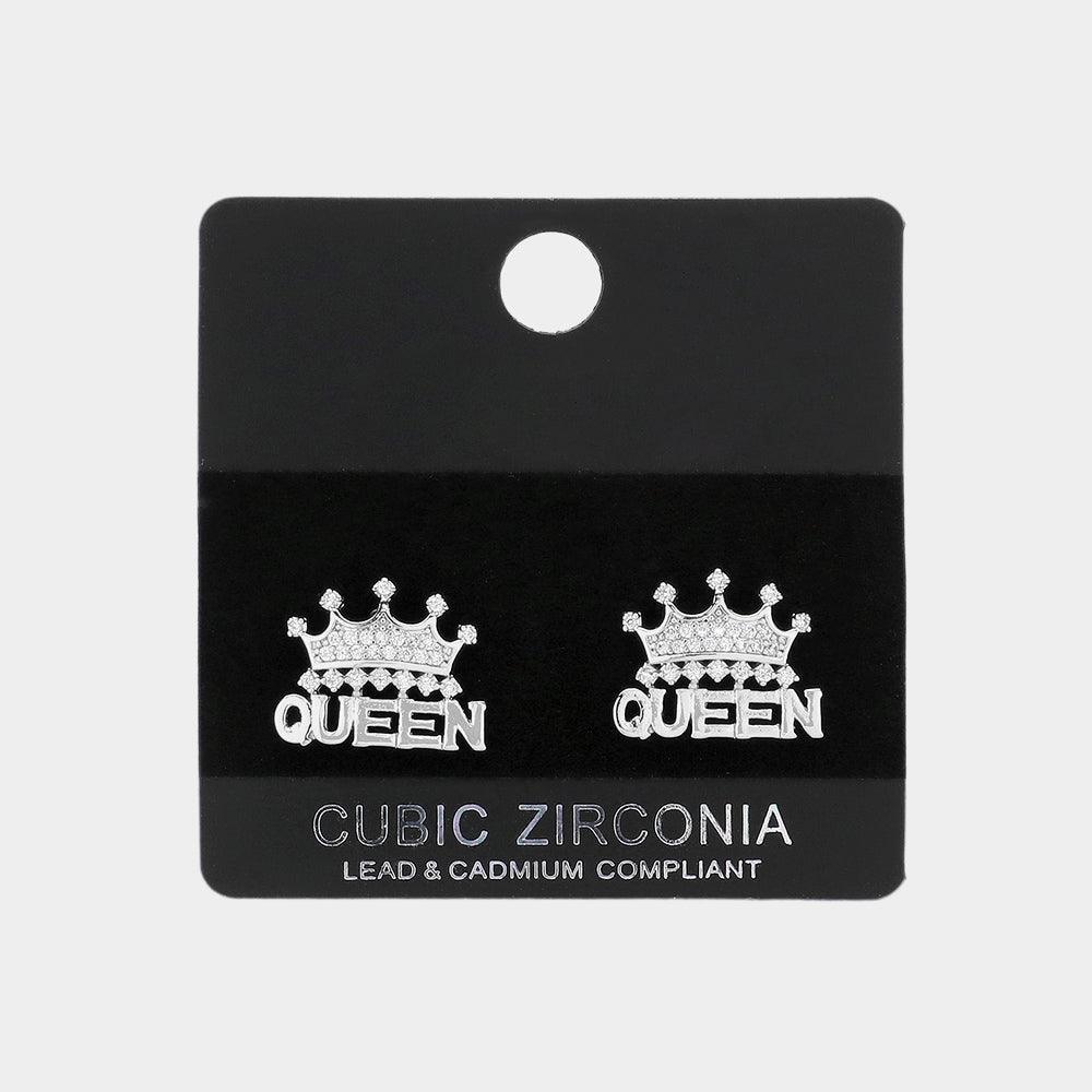 Silver CZ Queen Crown Message Crown Stud Evening Earrings - Jewelry Store by Erik Rayo