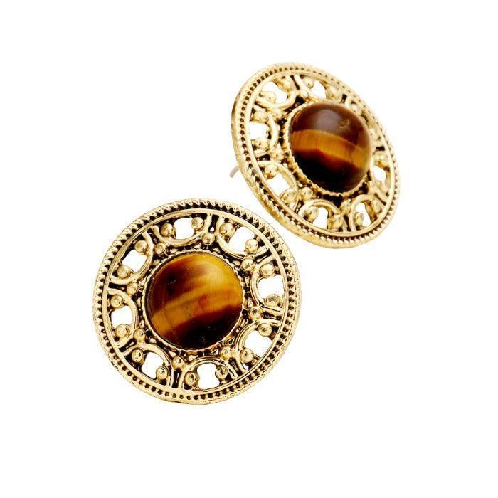 Gold Antique Filigree Round Glass Stone Stud Earrings - Jewelry Store by Erik Rayo