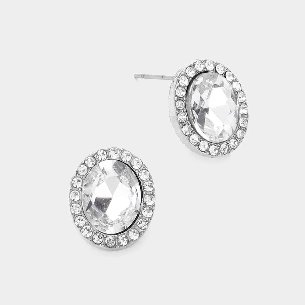 Silver Oval Stone Stud Evening Earrings