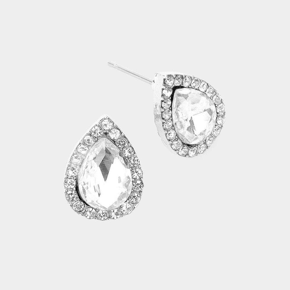 Silver Teardrop Stone Evening Stud Earrings