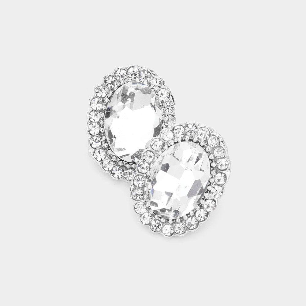 Silver Oval Stone Stud Evening Earrings