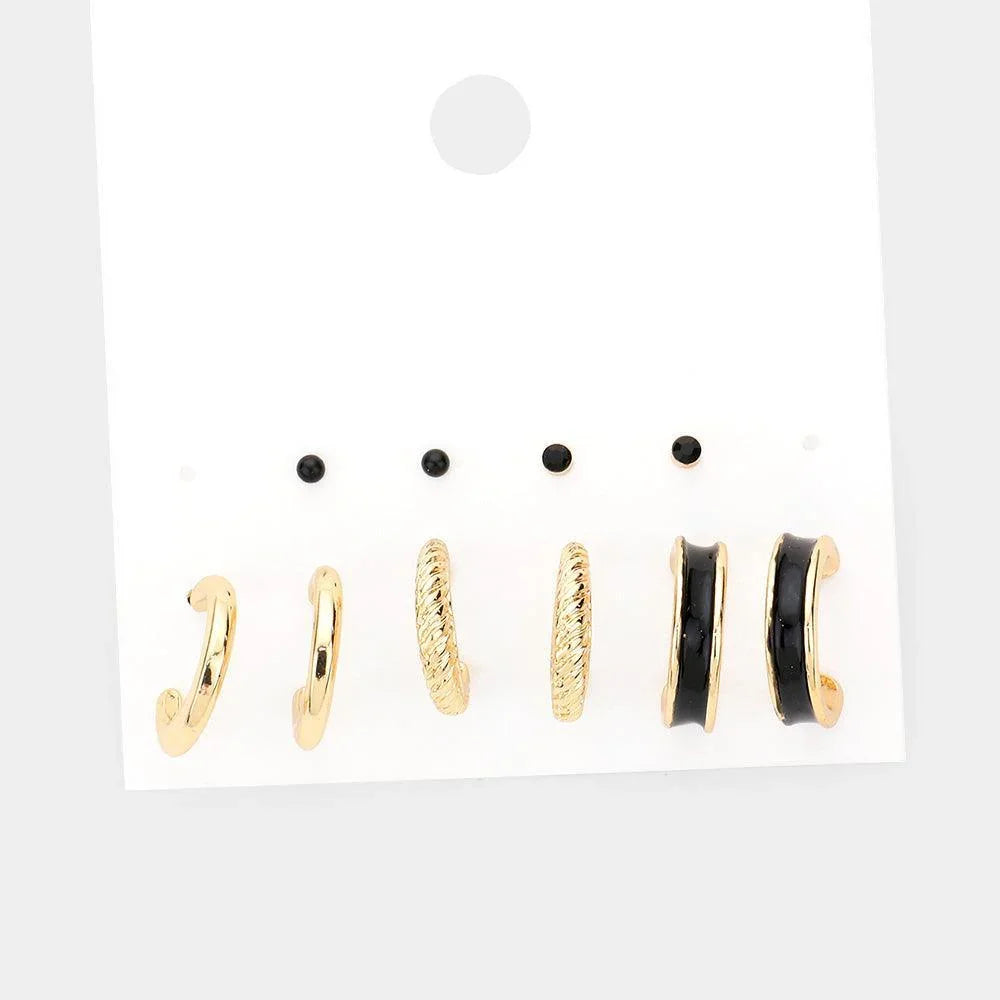 Gold 5Pairs - Round Stone Half Hoop Earrings - Jewelry Store by Erik Rayo