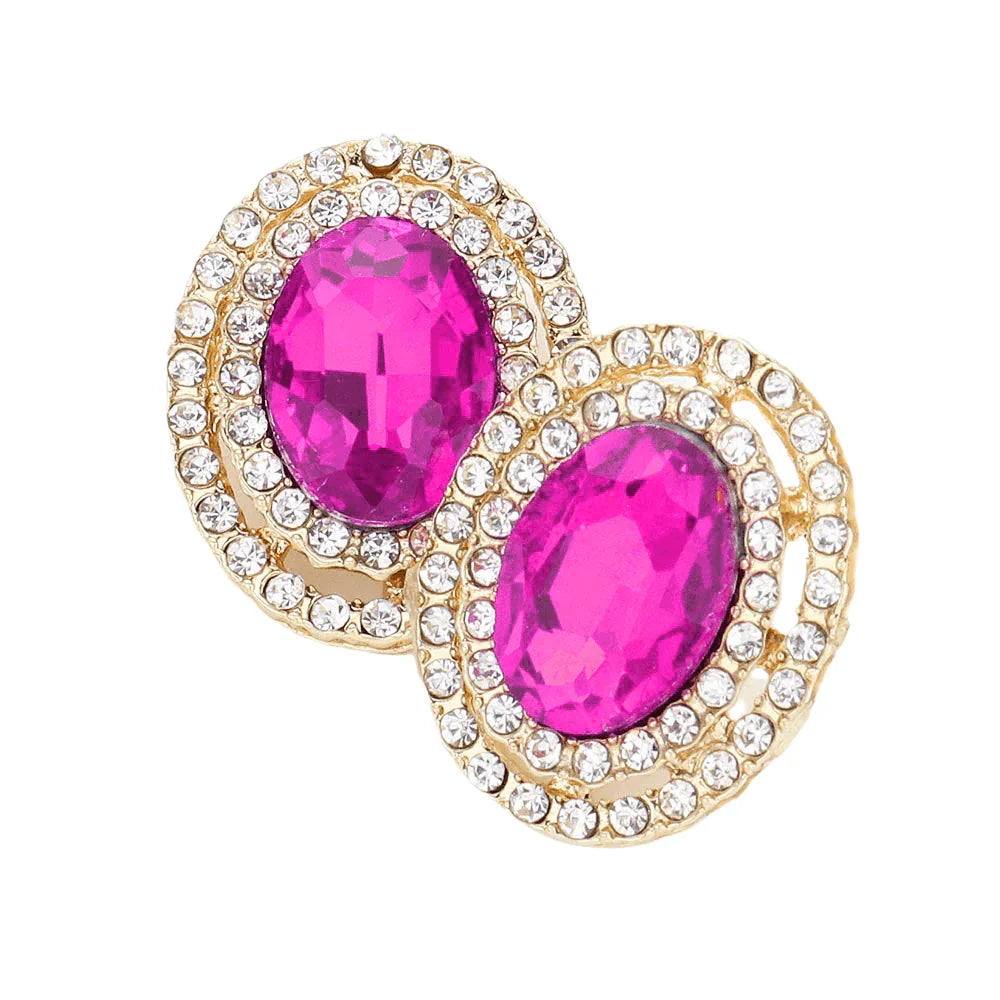 Red Rhinestone Trim Oval Stone Stud Evening Earrings - Jewelry Store by Erik Rayo