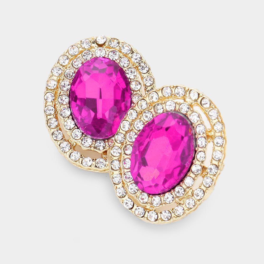 Red Rhinestone Trim Oval Stone Stud Evening Earrings - Jewelry Store by Erik Rayo
