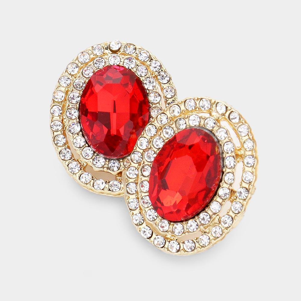 Red Rhinestone Trim Oval Stone Stud Evening Earrings - Jewelry Store by Erik Rayo
