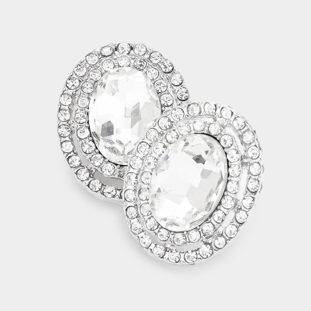 Silver Rhinestone Trim Oval Stone Stud Evening Earrings - Jewelry Store by Erik Rayo