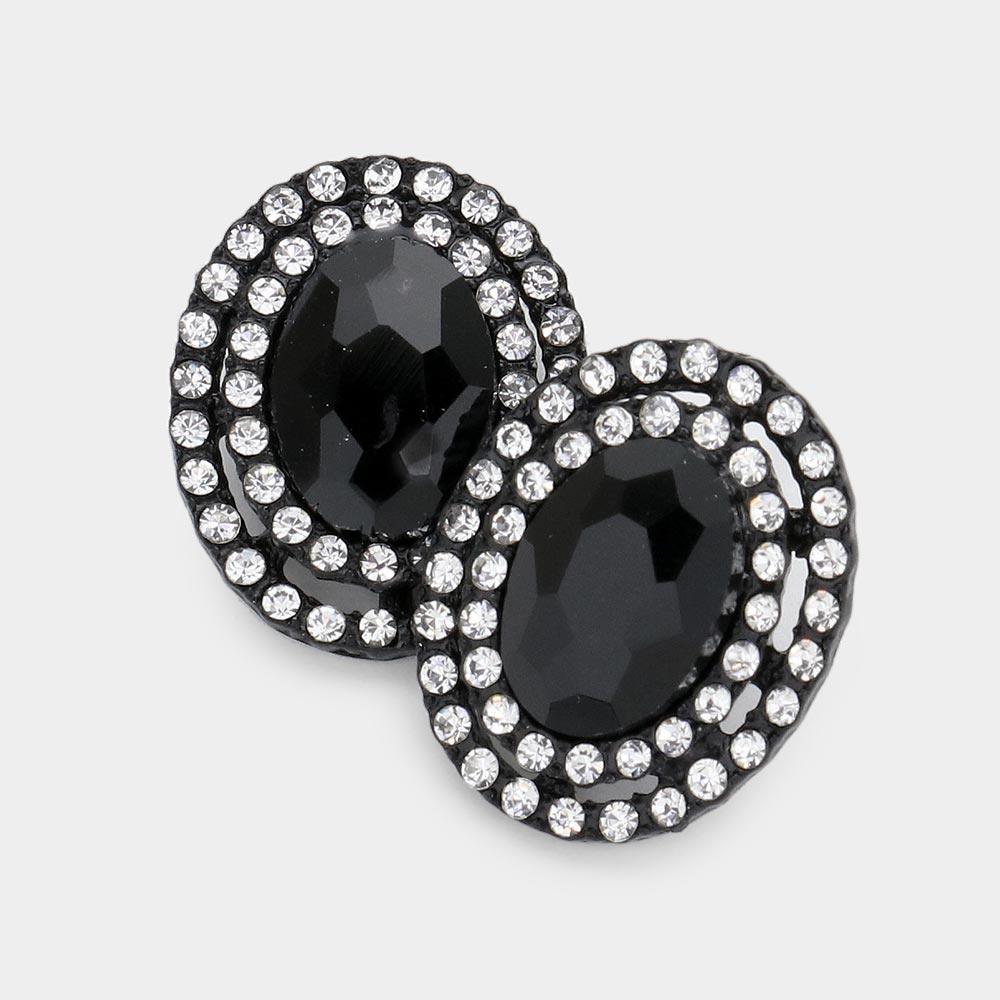 Black Rhinestone Trim Oval Stone Stud Evening Earrings - Jewelry Store by Erik Rayo