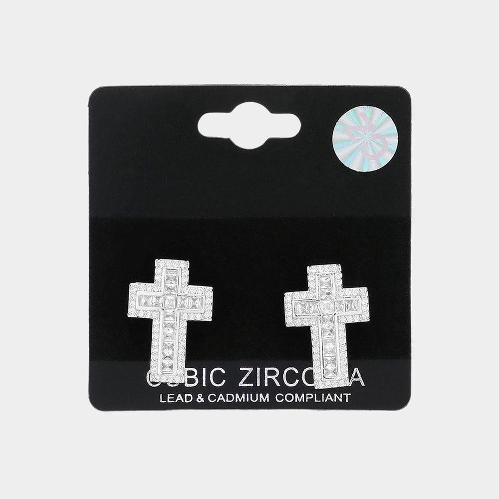 CZ Stone Paved Cross Stud Earrings - Jewelry Store by Erik Rayo