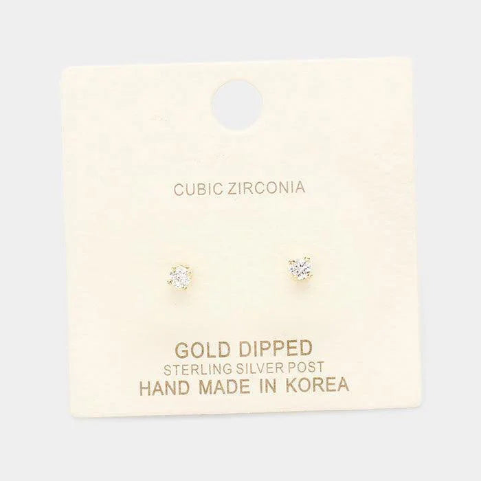 Silver Gold Dipped 3mm Cubic Zirconia Round Stud Earrings - Jewelry Store by Erik Rayo