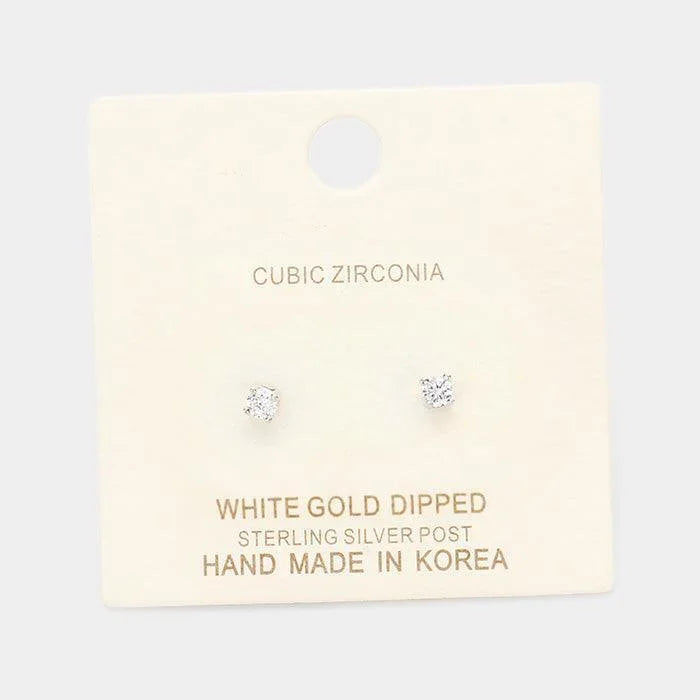 Silver White Gold Dipped 3mm Cubic Zirconia Round Stud Earrings - Jewelry Store by Erik Rayo