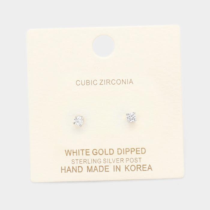 Silver White Gold Dipped 3mm Cubic Zirconia Round Stud Earrings