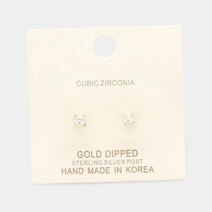 Silver Gold Dipped 3mm Cubic Zirconia Square Stud Earrings - Jewelry Store by Erik Rayo