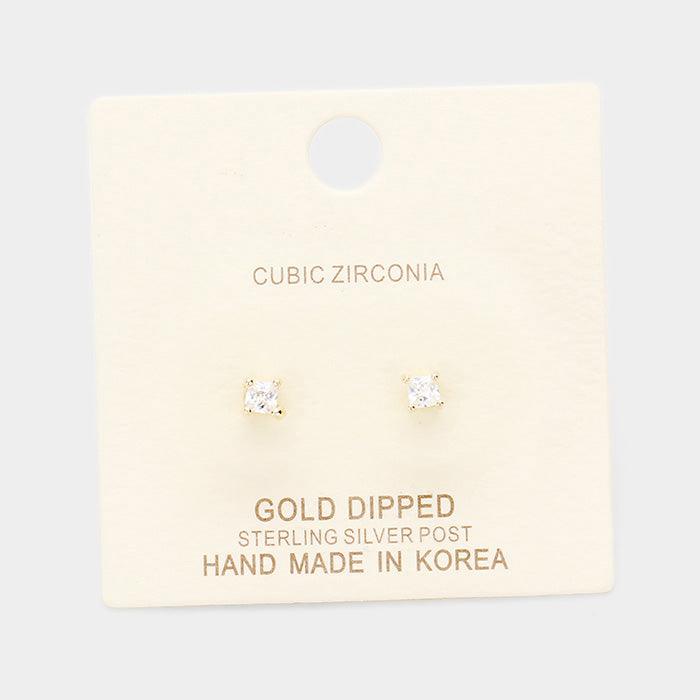 Silver Gold Dipped 3mm Cubic Zirconia Square Stud Earrings