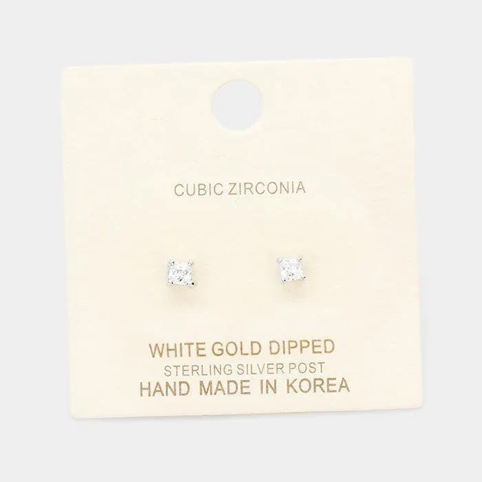 Silver White Gold Dipped 3mm Cubic Zirconia Square Stud Earrings - Jewelry Store by Erik Rayo
