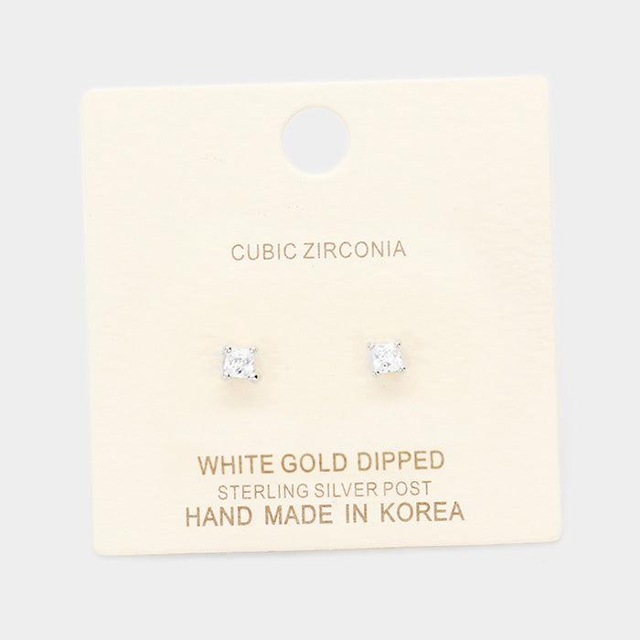 Silver White Gold Dipped 3mm Cubic Zirconia Square Stud Earrings