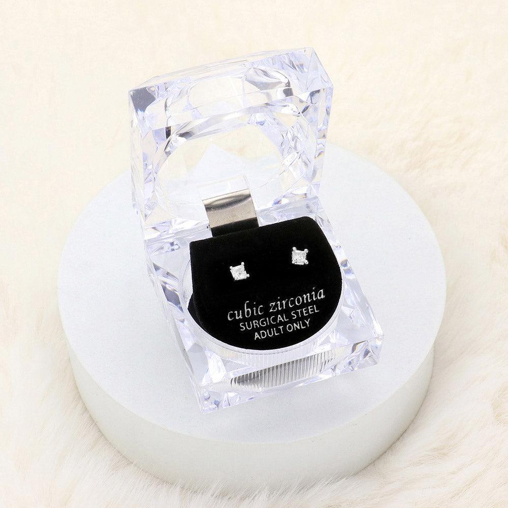 Silver 3mm Square Crystal Cubic Zirconia CZ Stud Earrings with Clear Box - Jewelry Store by Erik Rayo