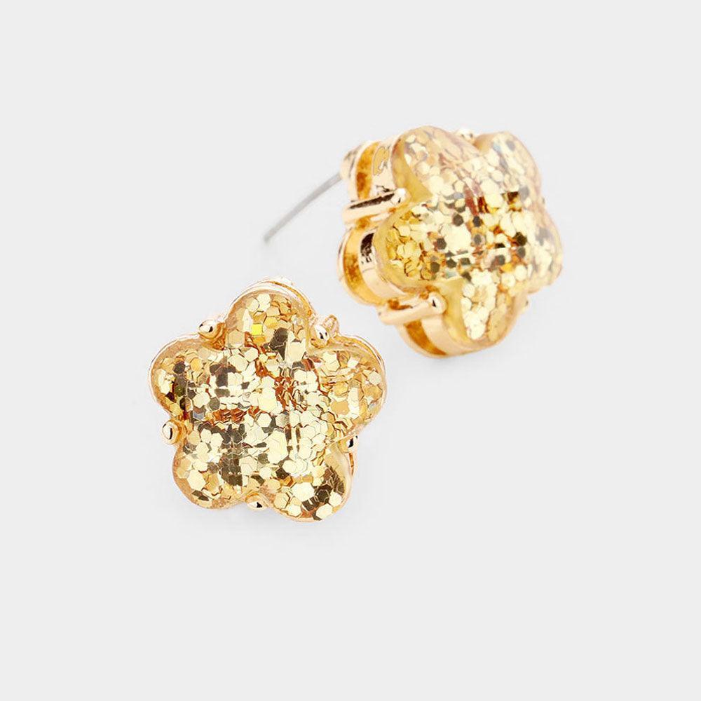 Gold Glitter Flower Stud Earrings - Jewelry Store by Erik Rayo