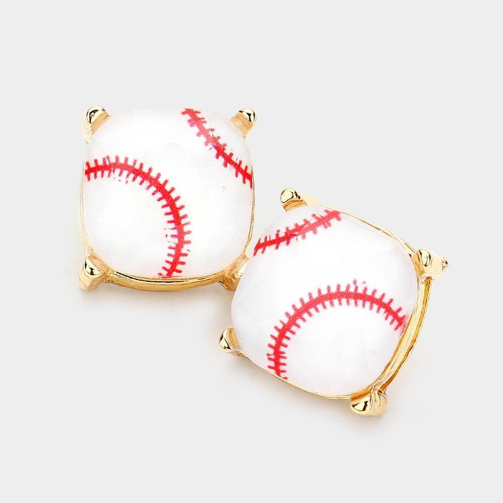White Baseball Printed Square Stud Earrings - Jewelry Store by Erik Rayo