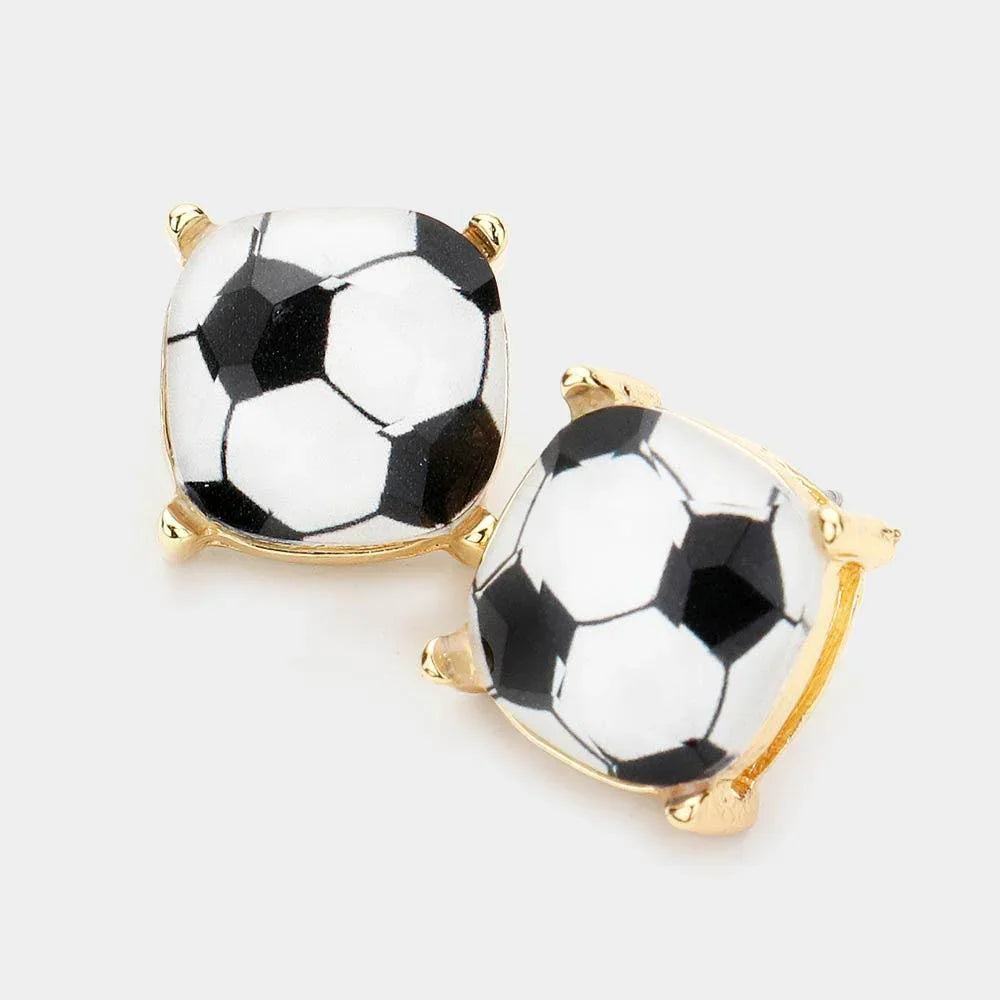 White Soccer Ball Printed Square Stud Earrings - Jewelry Store by Erik Rayo