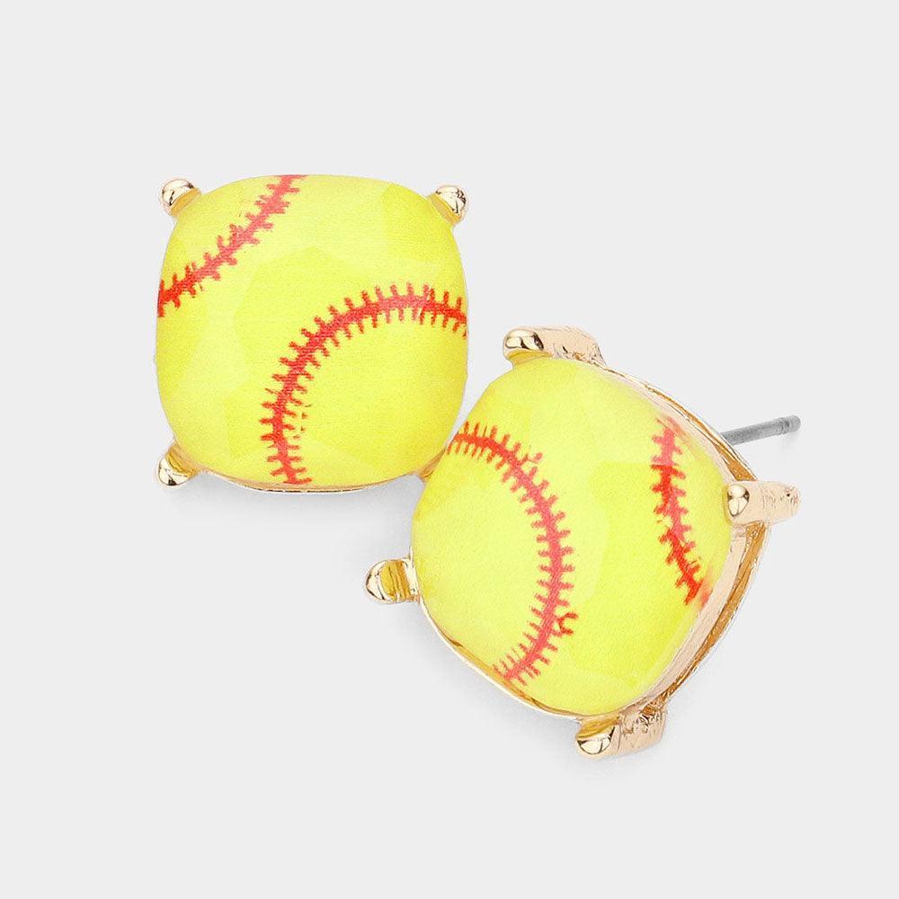 Yellow Softball Printed Square Stud Earrings - Jewelry Store by Erik Rayo