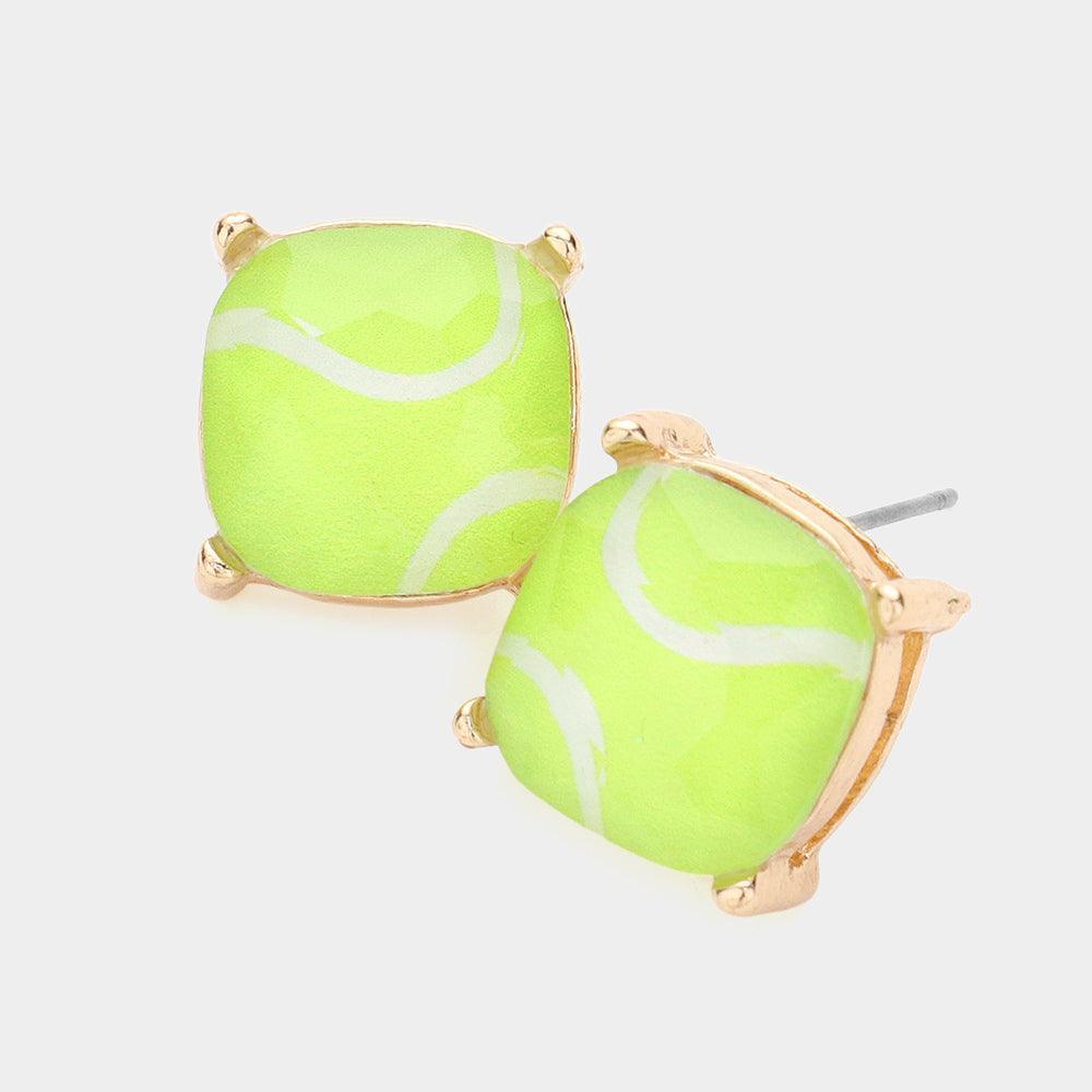 Tennis Ball Printed Square Stud Earrings - Jewelry Store by Erik Rayo