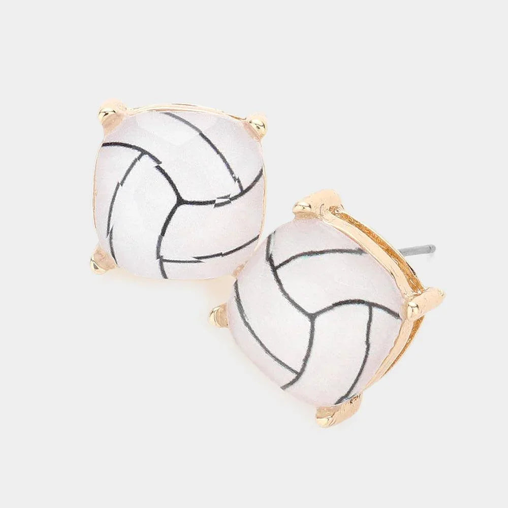 White Volleyball Printed Square Stud Earrings - Jewelry Store by Erik Rayo