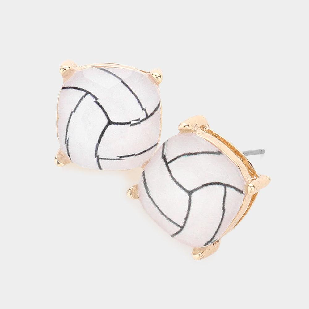 White Volleyball Printed Square Stud Earrings