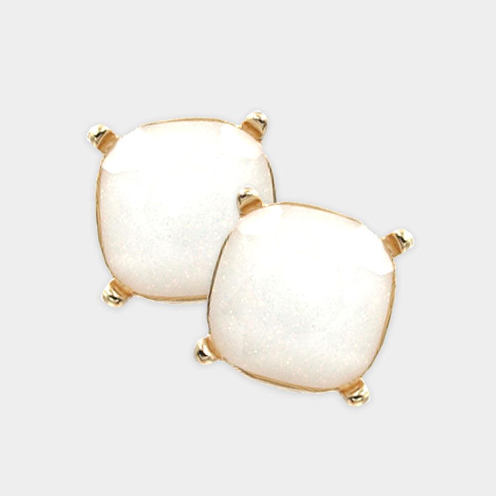 White Glittered Cushion Square Stud Earrings