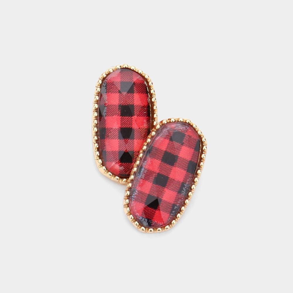 Red Buffalo Check Patterned Hexagon Stud Earrings - Jewelry Store by Erik Rayo