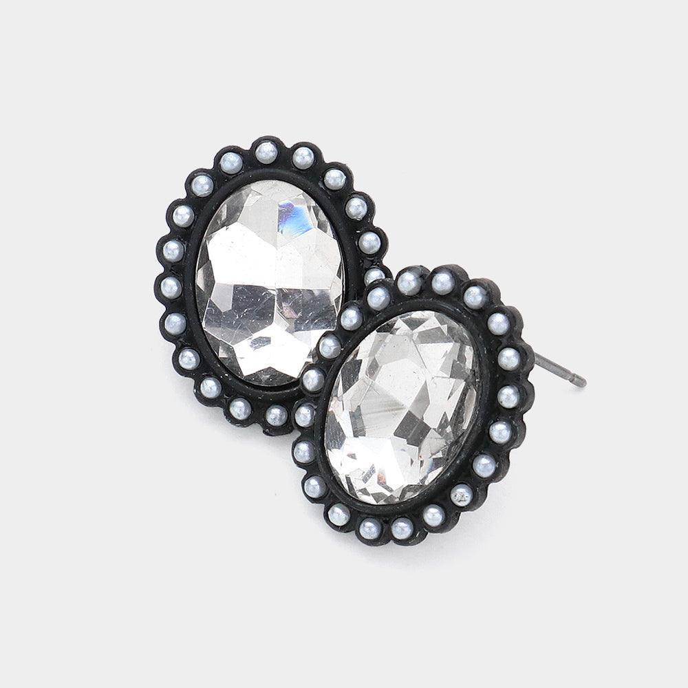 Clear Pearl Trimmed Oval Drop Stud Earrings - Jewelry Store by Erik Rayo