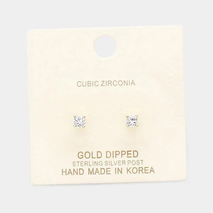 Silver Gold Dipped 4mm Cubic Zirconia Round Stud Earrings - Jewelry Store by Erik Rayo