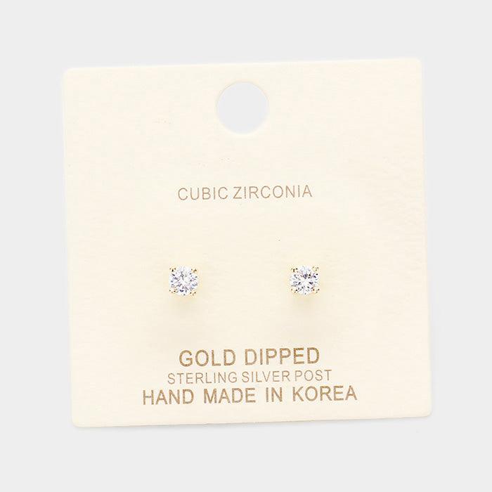 Silver Gold Dipped 4mm Cubic Zirconia Round Stud Earrings