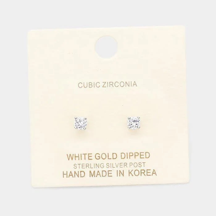 Silver White Gold Dipped 4mm Cubic Zirconia Round Stud Earrings - Jewelry Store by Erik Rayo
