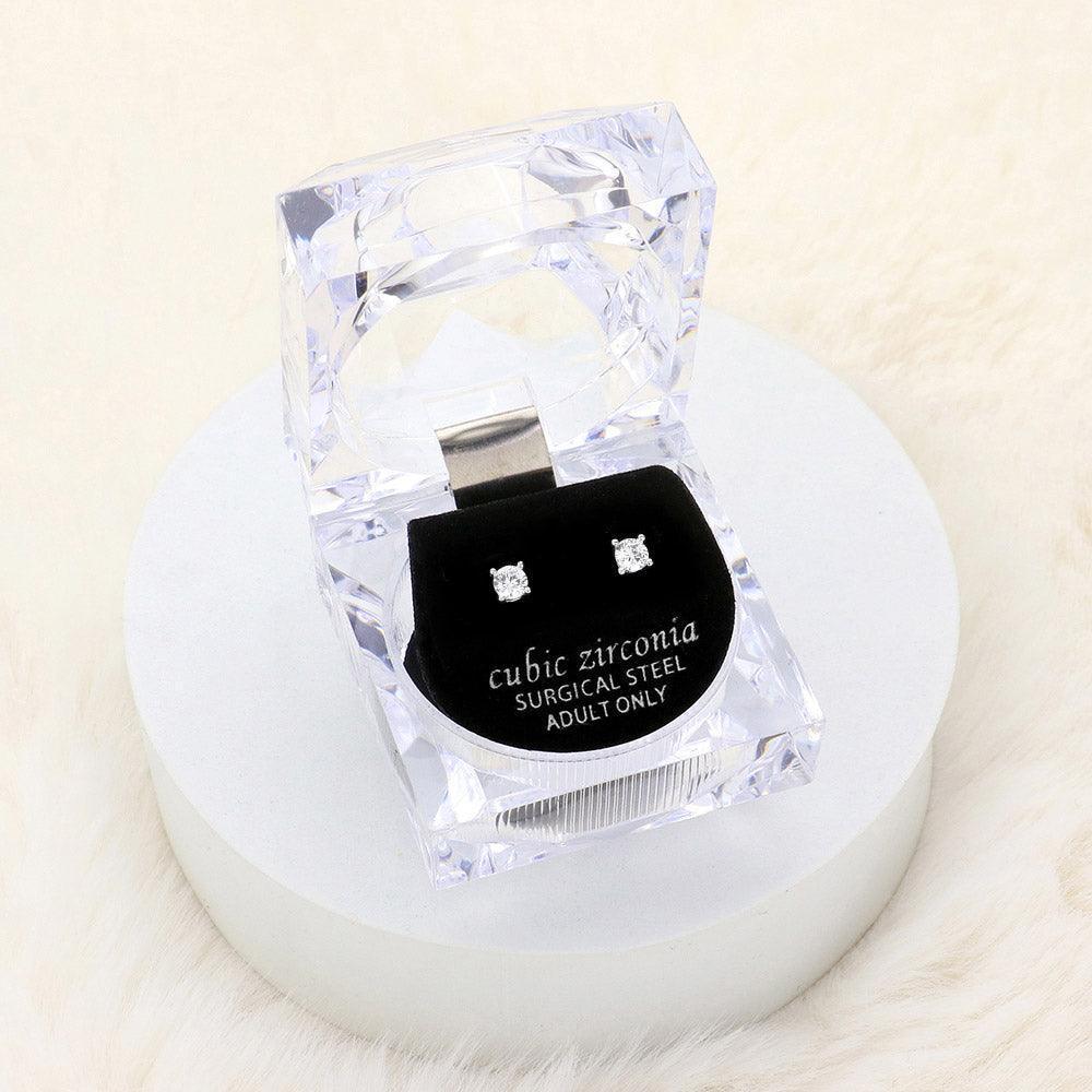 Silver 4mm Round Cut Crystal Cubic Zirconia CZ Stud Earrings with Clear Box - Jewelry Store by Erik Rayo