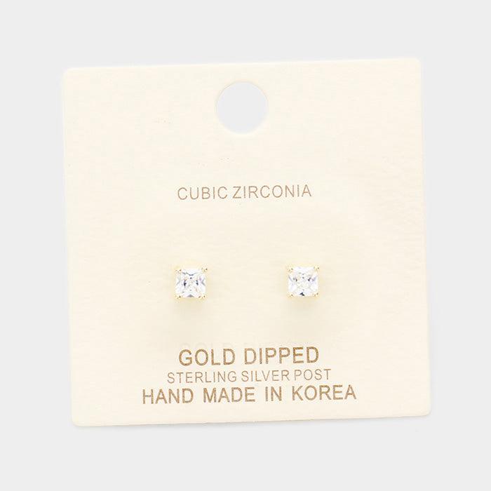 Silver Gold Dipped 4mm Cubic Zirconia Square Stud Earrings