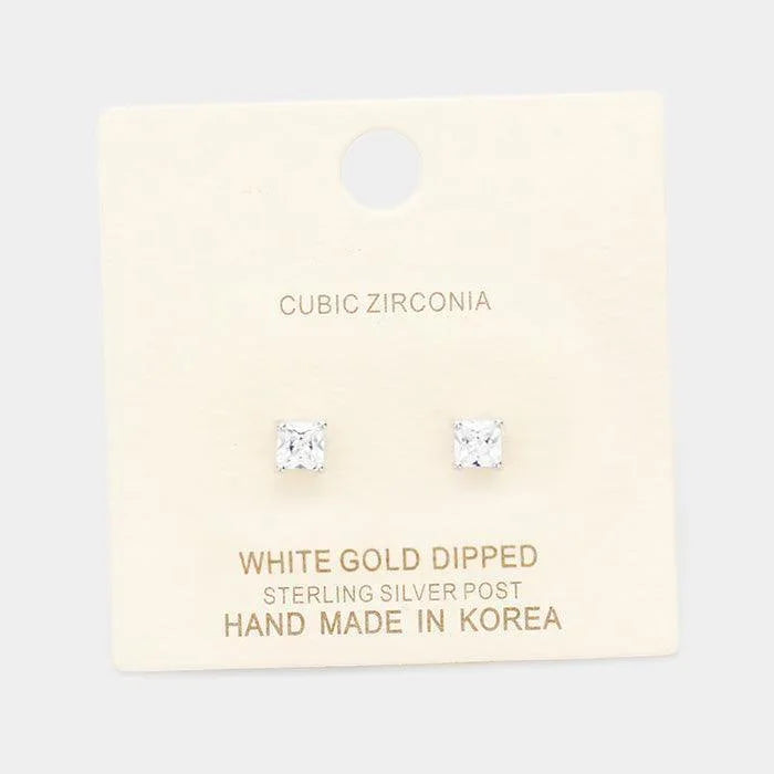 Silver White Gold Dipped 4mm Cubic Zirconia Square Stud Earrings - Jewelry Store by Erik Rayo