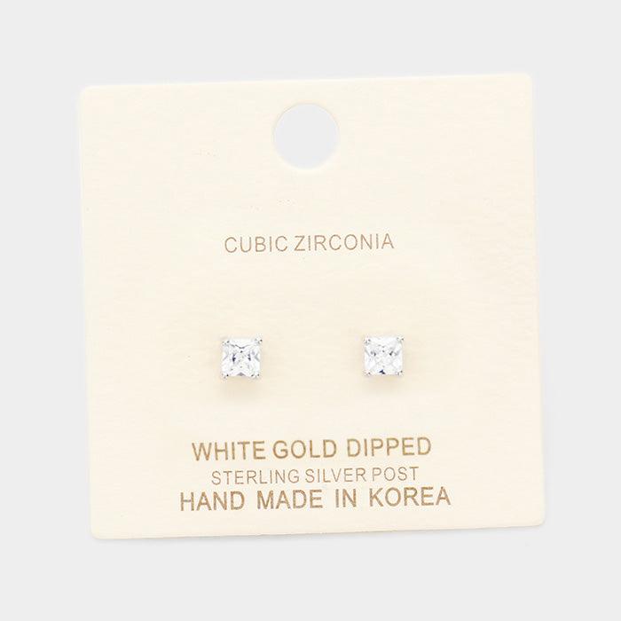 Silver White Gold Dipped 4mm Cubic Zirconia Square Stud Earrings