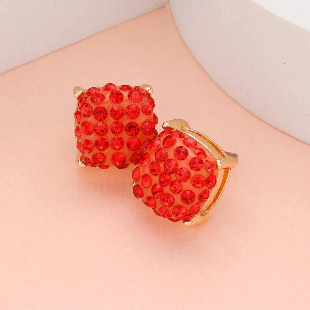 Red Stone Embellished Square Stud Earrings - Jewelry Store by Erik Rayo