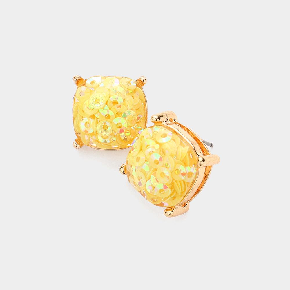 Yellow Square Druzy Stud Earrings