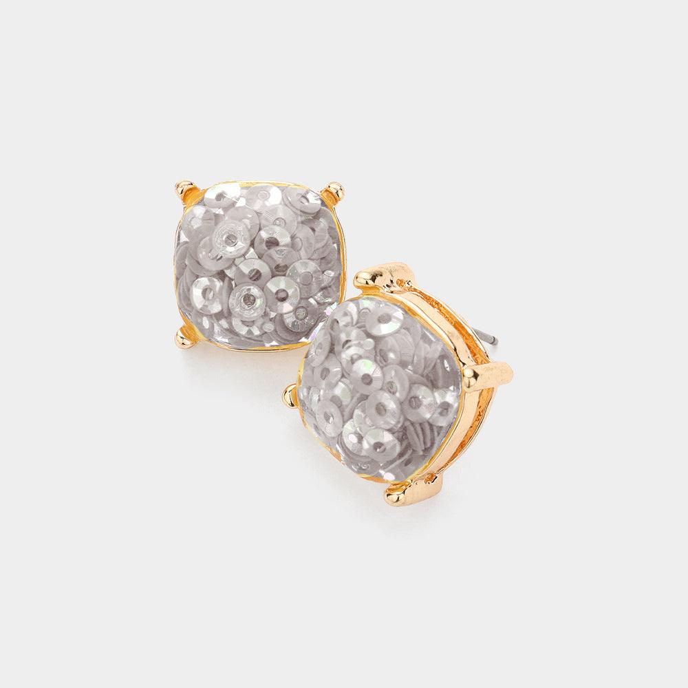 Silver Square Druzy Stud Earrings