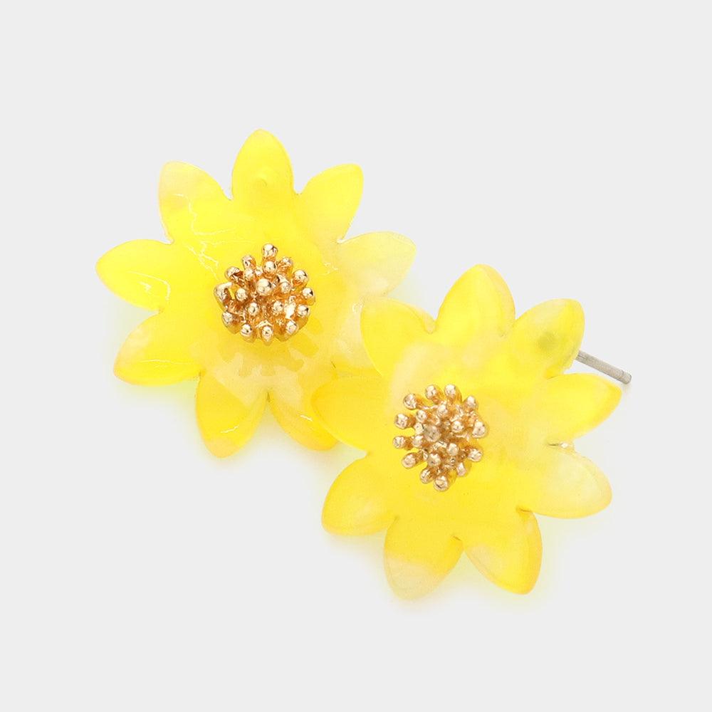 Yellow Celluloid Acetate Flower Stud Earrings