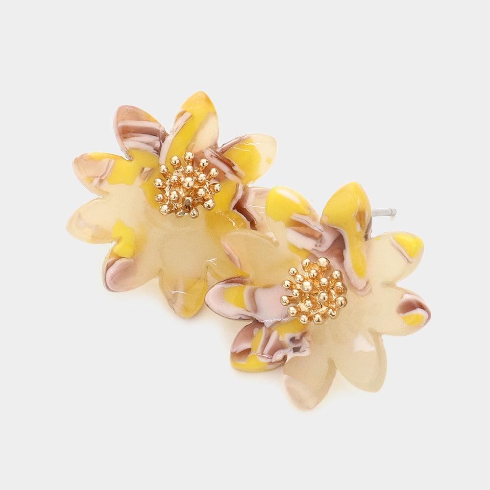 Yellow Celluloid Acetate Flower Stud Earrings