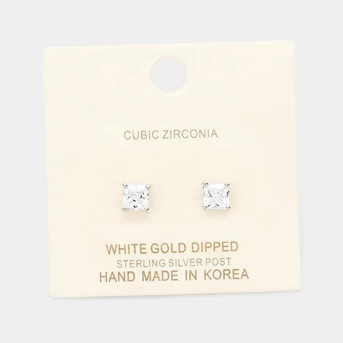 Clear White Gold Dipped 5mm Cubic Zirconia Square Stud Earrings - Jewelry Store by Erik Rayo