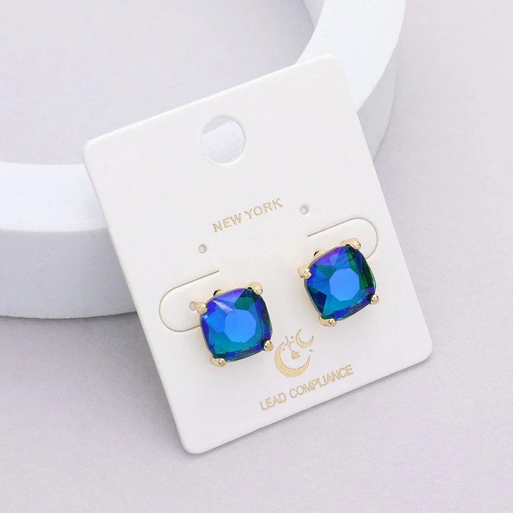 Blue Cushion Square Stone Stud Evening Earrings - Jewelry Store by Erik Rayo